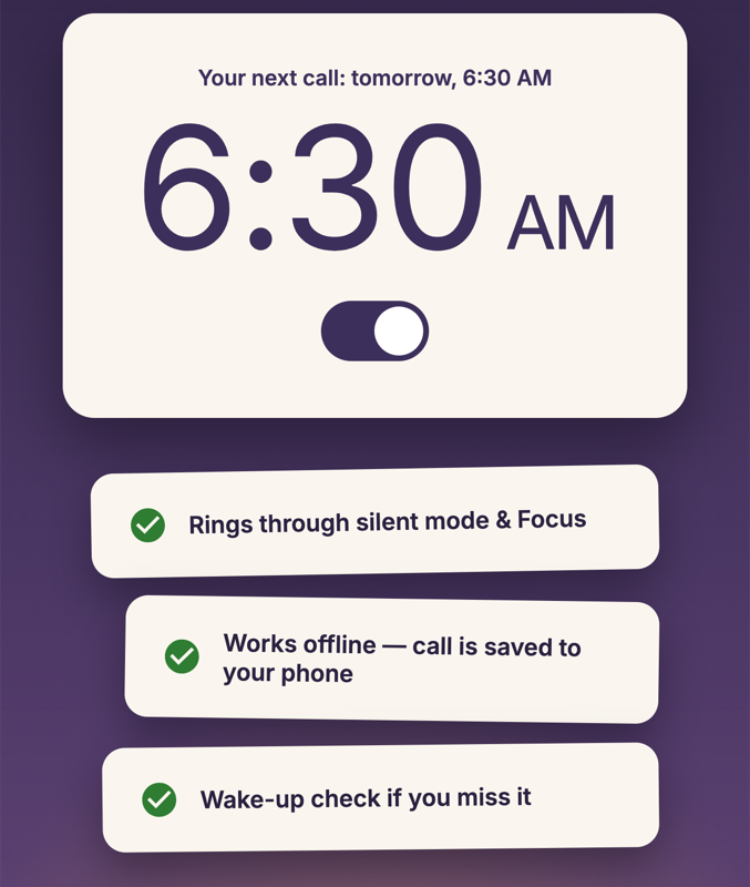 Alarm card showing the next call at 6:30 AM with checks for rings through silent mode, works offline, and wake-up check