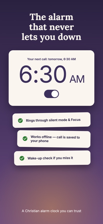 The alarm that never lets you down: rings through silent mode and Focus, works offline, wake-up check